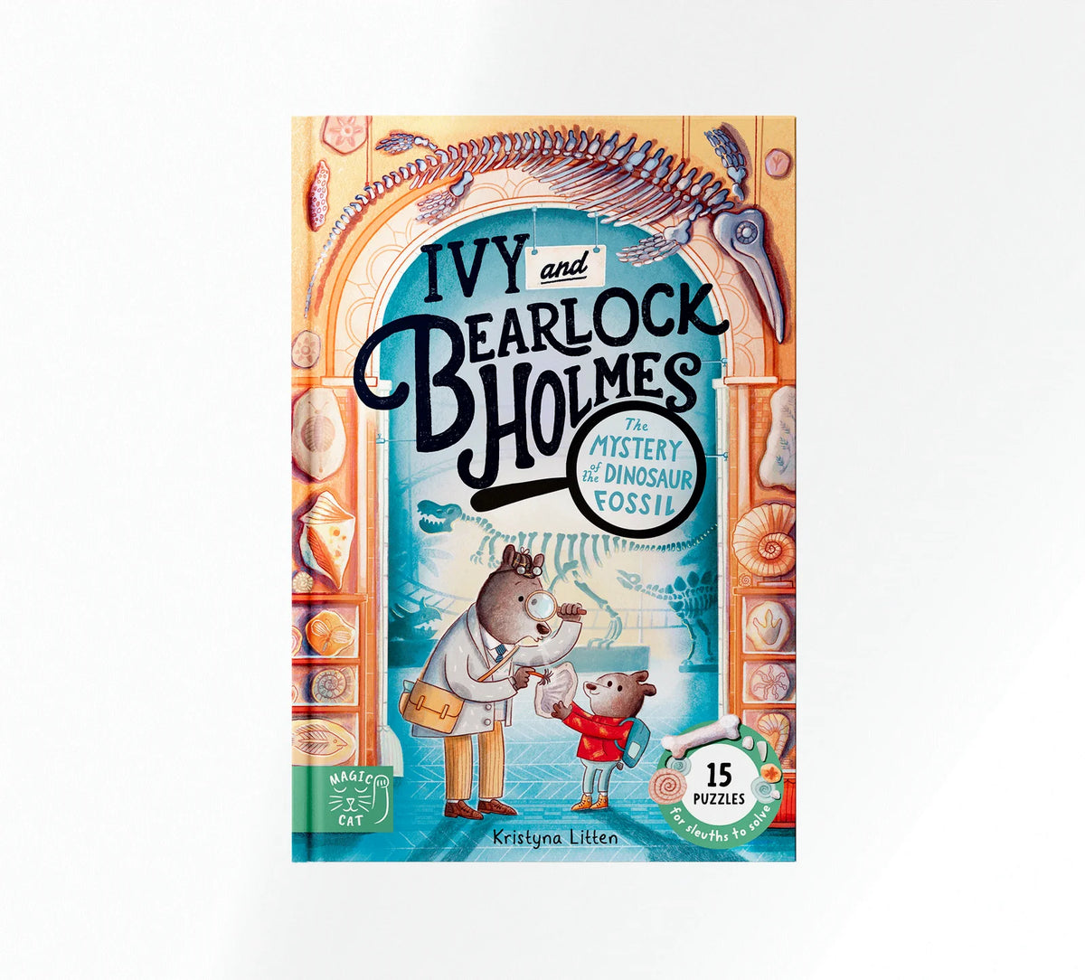 Book cover of 'Ivy and Bearlock Holmes: The Mystery of Dinosaur Fossils' with illustrations of a bear and a girl.