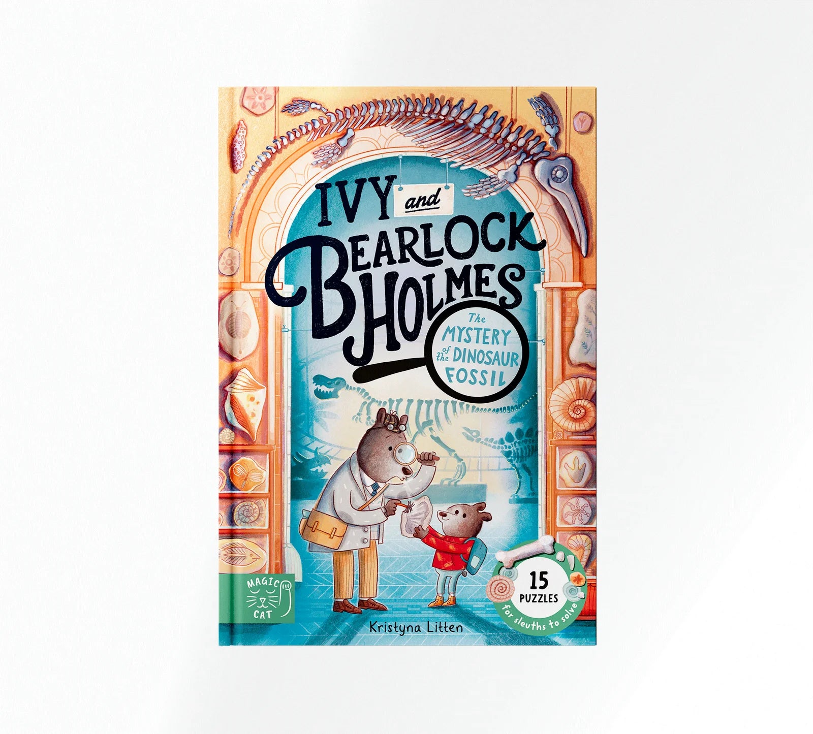 Book cover of 'Ivy and Bearlock Holmes: The Mystery of Dinosaur Fossils' with illustrations of a bear and a girl.