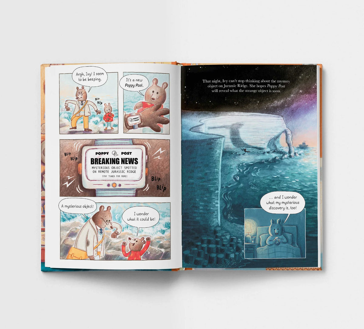 Open book with illustrated pages featuring a bear character and space-themed images.