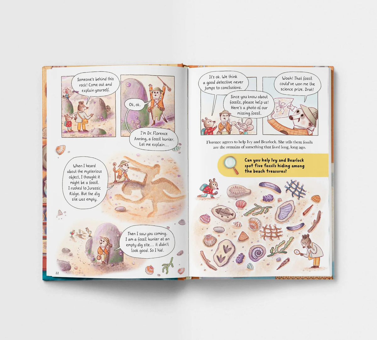 Open book with illustrations and text on a white background