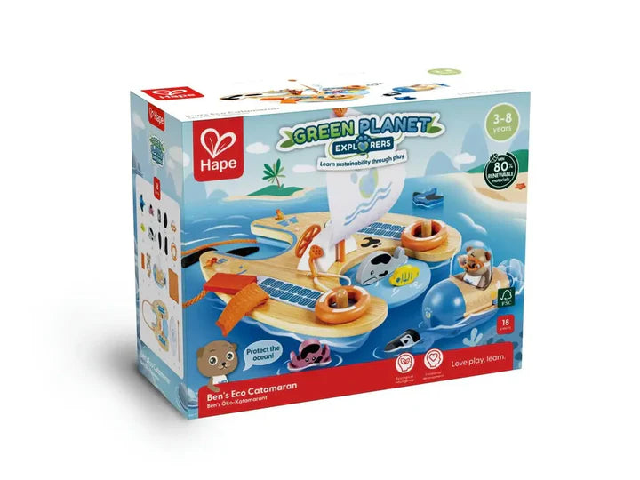 Hape Green Planet toy packaging with a catamaran model on a white background