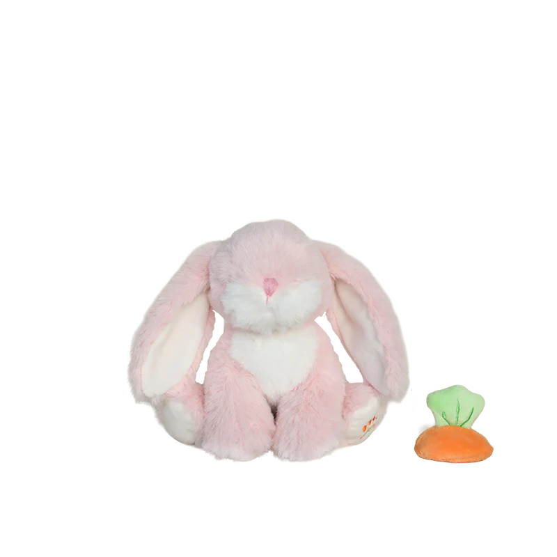Pink plush bunny toy with a small carrot-shaped toy on a white background
