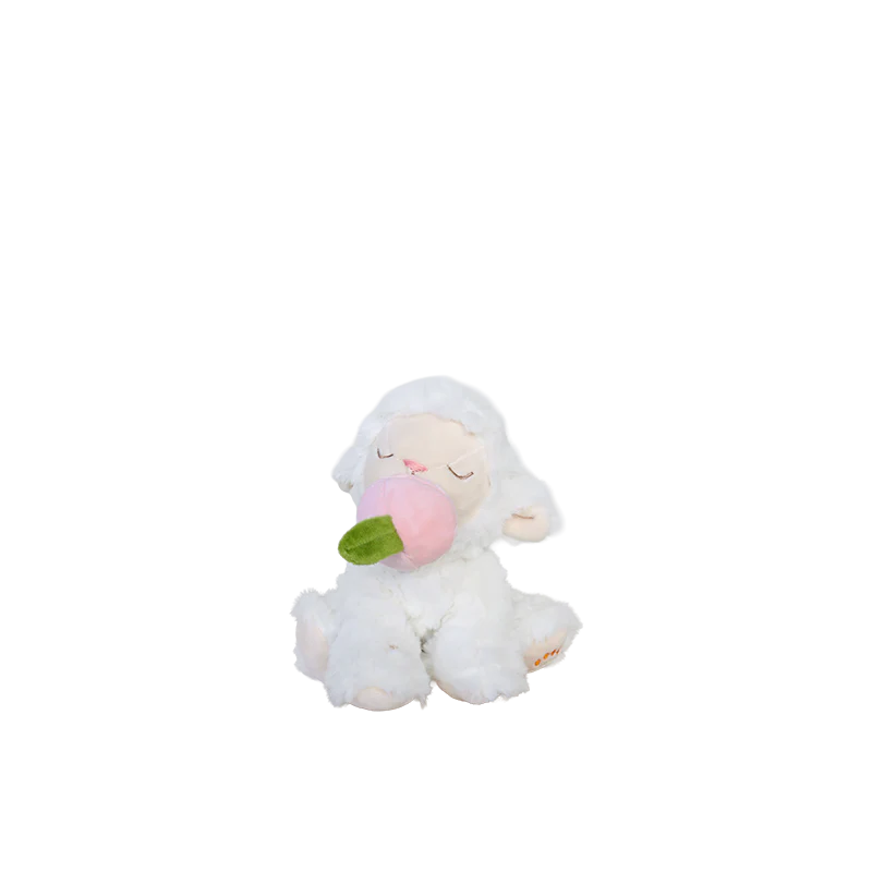 White plush toy lamb holding a pink peach on a white background
