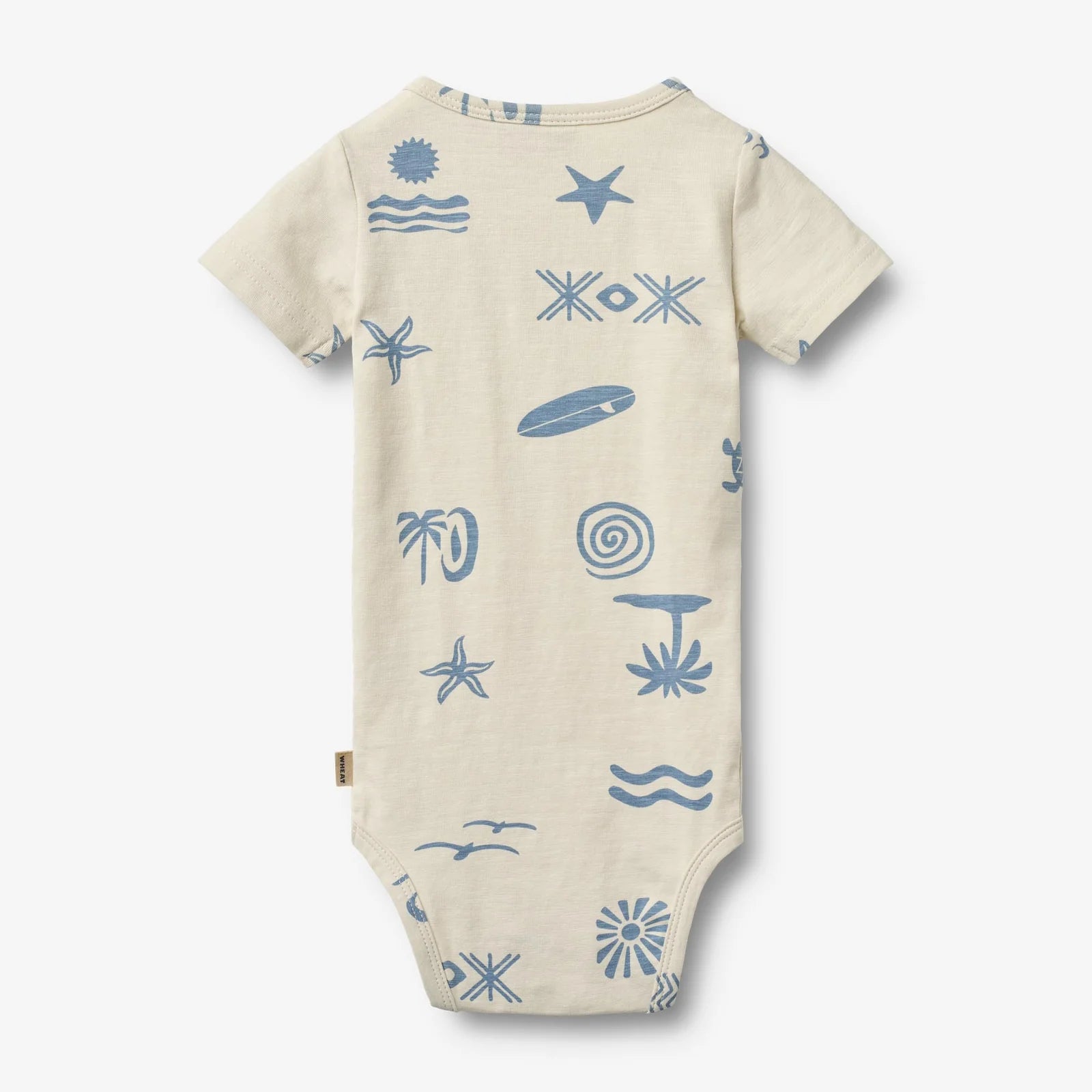 Beige baby bodysuit with blue patterns on a white background