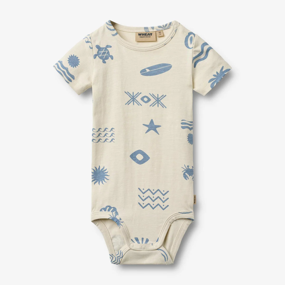 Beige baby bodysuit with blue patterns on a white background