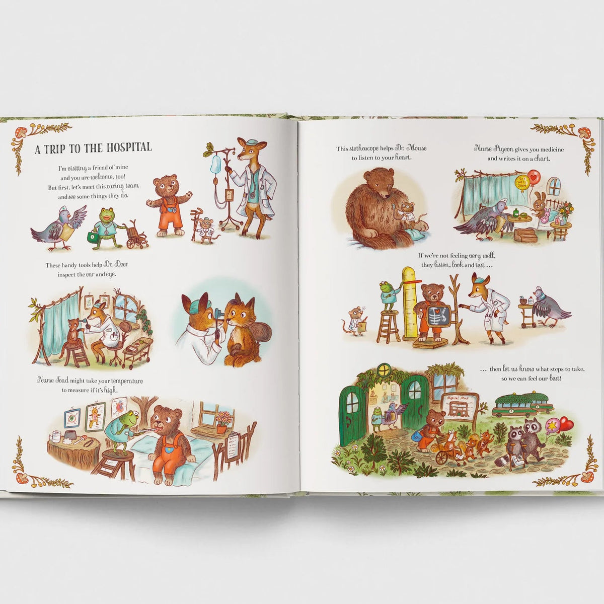 Open book with illustrated pages featuring animal characters and a hospital scene.