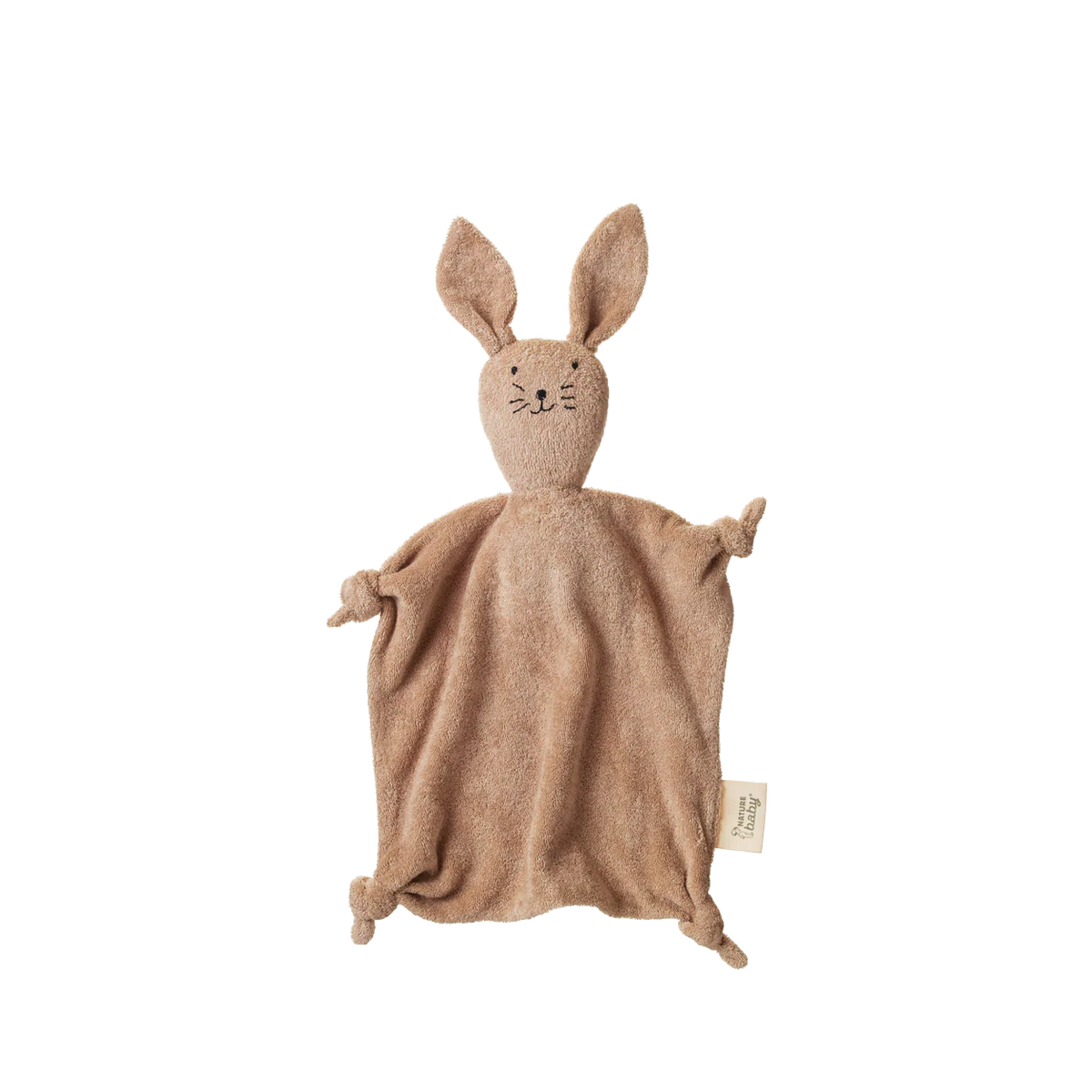 Brown knitted bunny comfort blanket on a white background