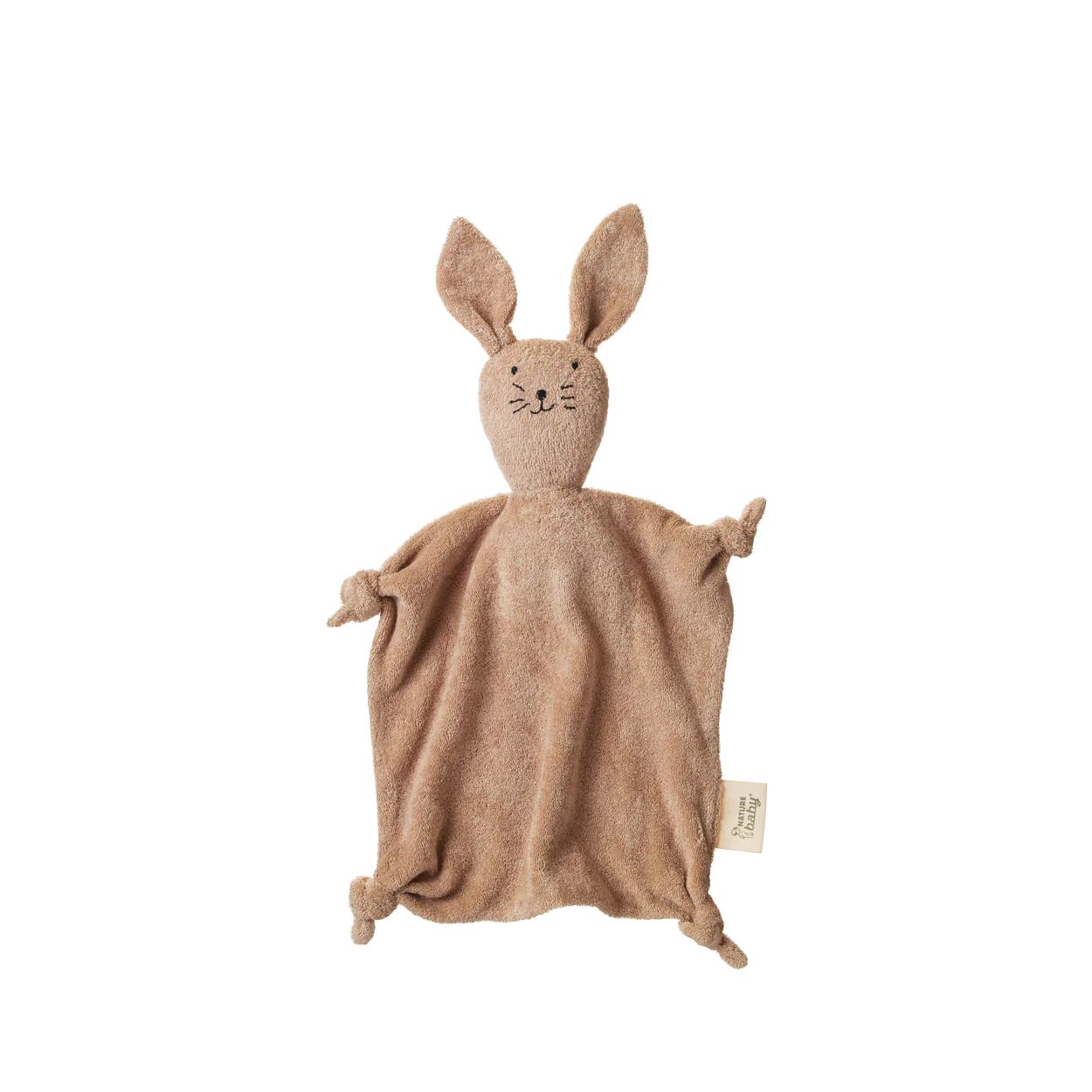 Brown knitted bunny comfort blanket on a white background