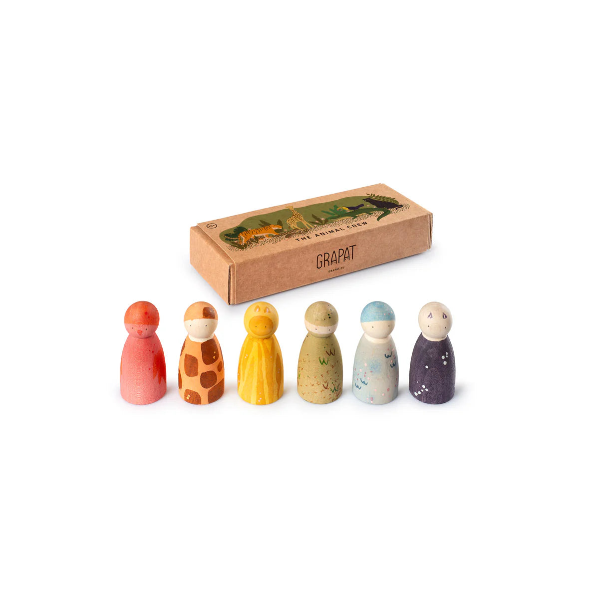 Set of colorful wooden peg dolls with a cardboard box labeled 'GRAPAT' on a white background.