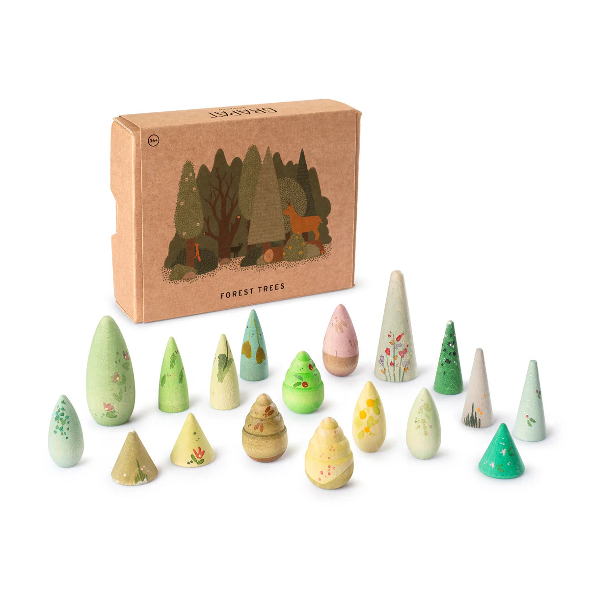 Set of wooden forest tree toys with a branded box on a white background