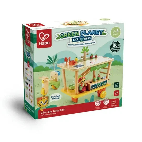 Hape Cli's Bio Juice Cart toy set packaging on a white background