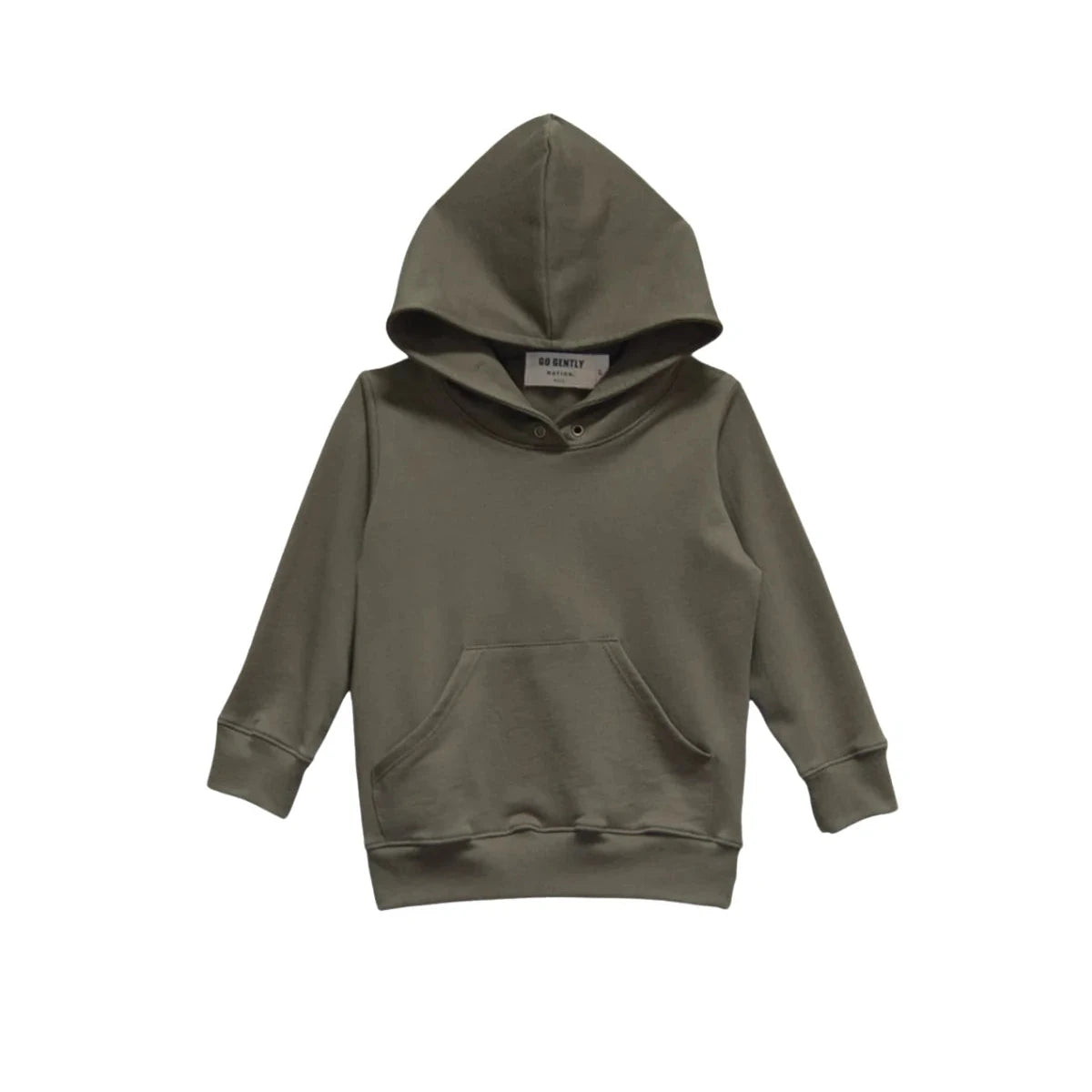 An olive green kids' pullover hoodie with a front pocket, shown flat against a solid white background.