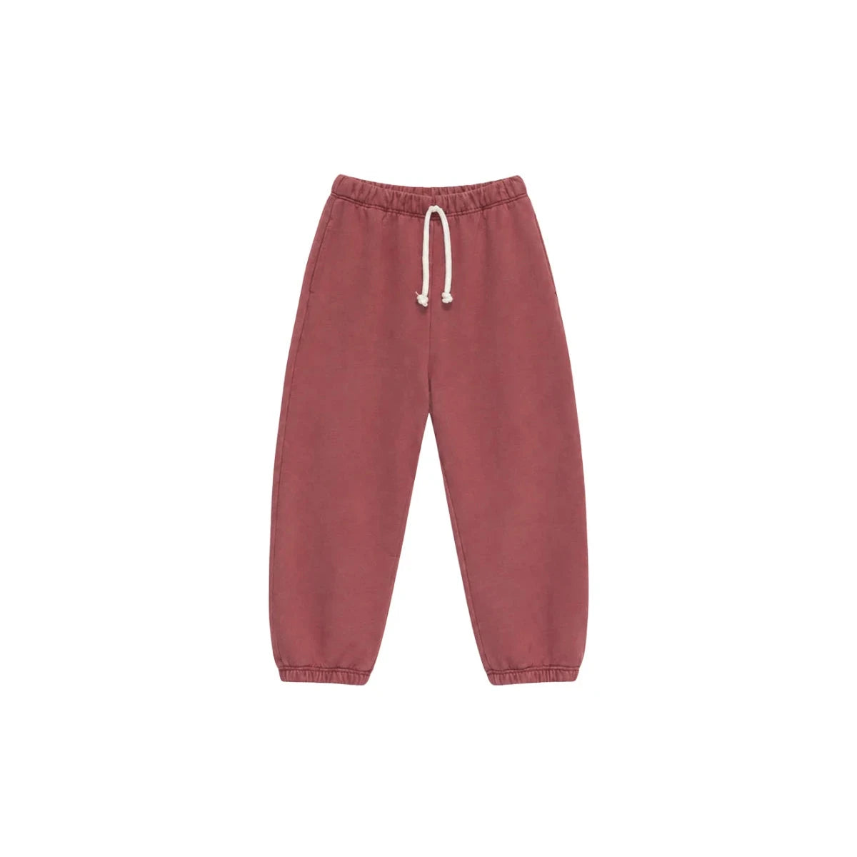 A pair of dusty rose sweatpants with an elastic waistband and a white drawstring, shown flat on a white background.