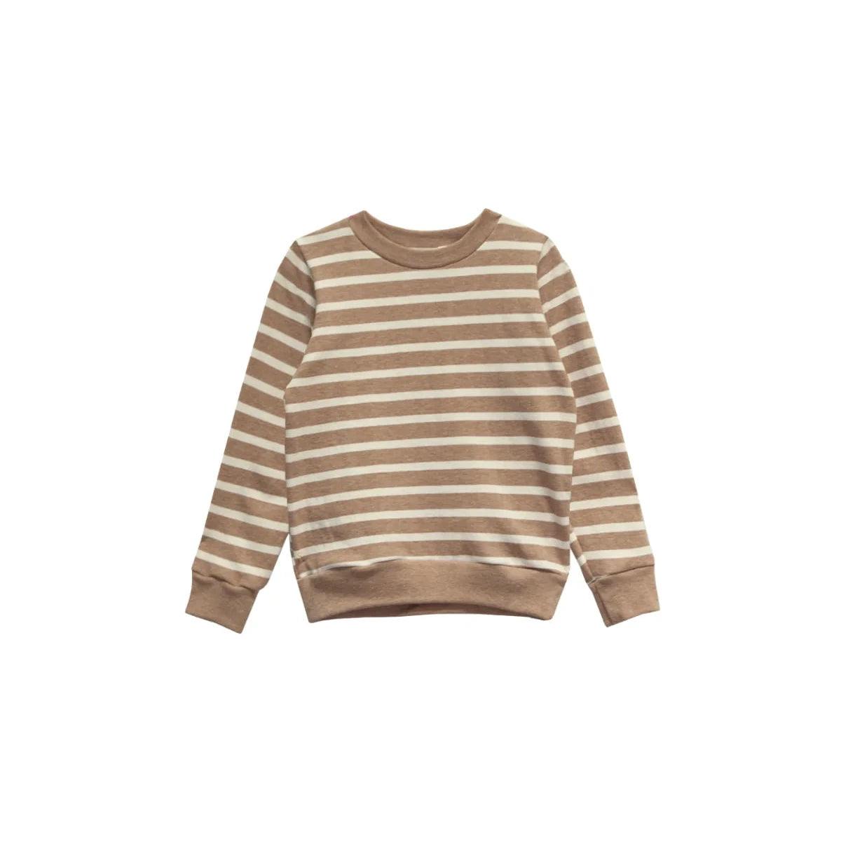 A long-sleeve crewneck sweatshirt with horizontal stripes in warm brown and cream, shown flat against a solid white background.