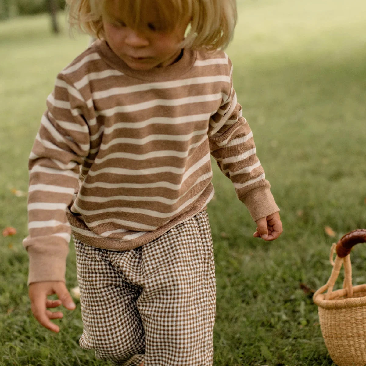 A toddler walking barefoot on a grassy lawn, wearing a brown and cream striped long-sleeve shirt and brown-and-white gingham pants. A woven basket is visible on the right side of the frame.