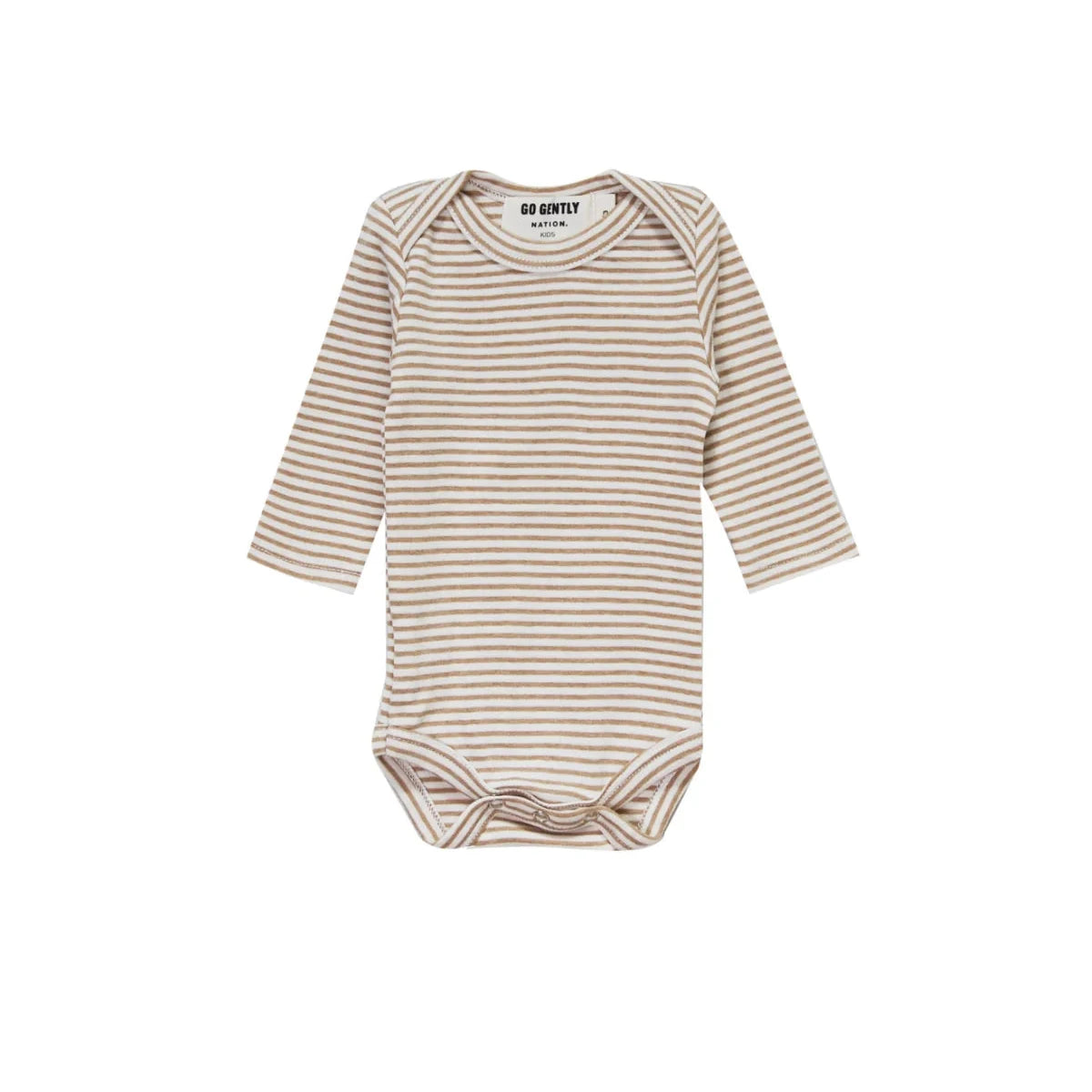A long-sleeve baby bodysuit with thin horizontal beige and white stripes, featuring a crew neck and snap closures at the crotch, photographed on a solid white background.