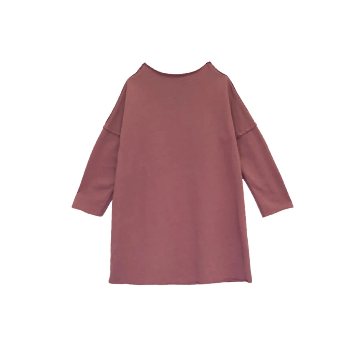 A dusty rose long-sleeve tunic top with a wide crew neckline, displayed flat against a solid white background.