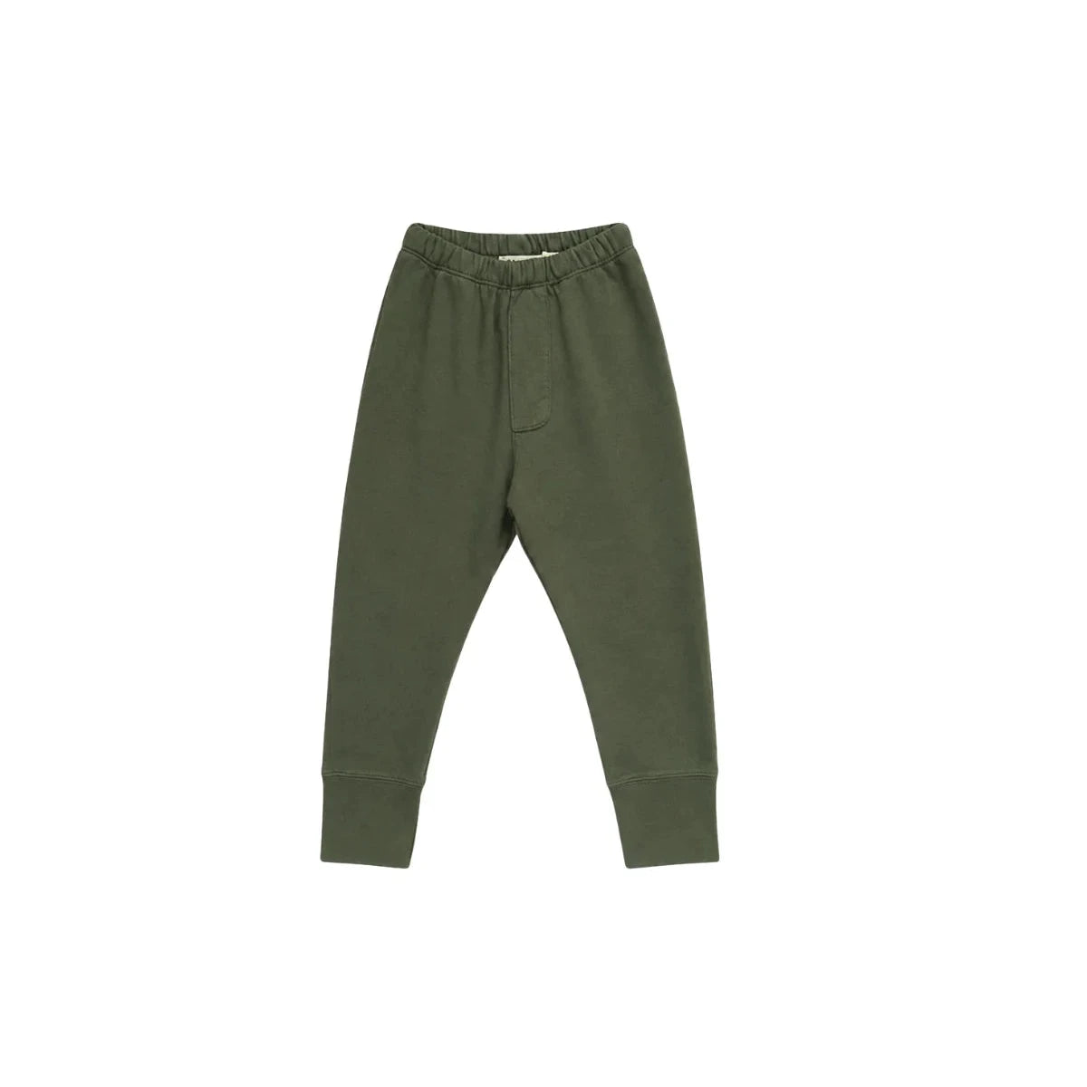 A pair of olive green jogger pants with an elastic waistband and ribbed ankle cuffs, shown flat on a white background.