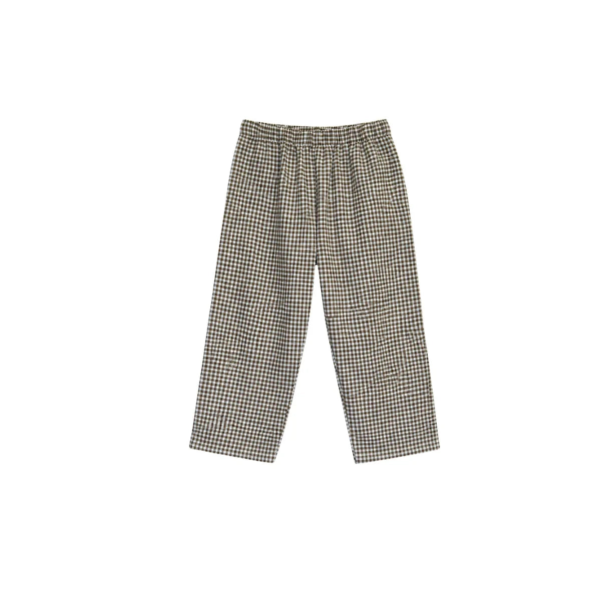 A pair of wide-leg trousers featuring a small-scale brown and beige gingham pattern, displayed flat against a solid white background.