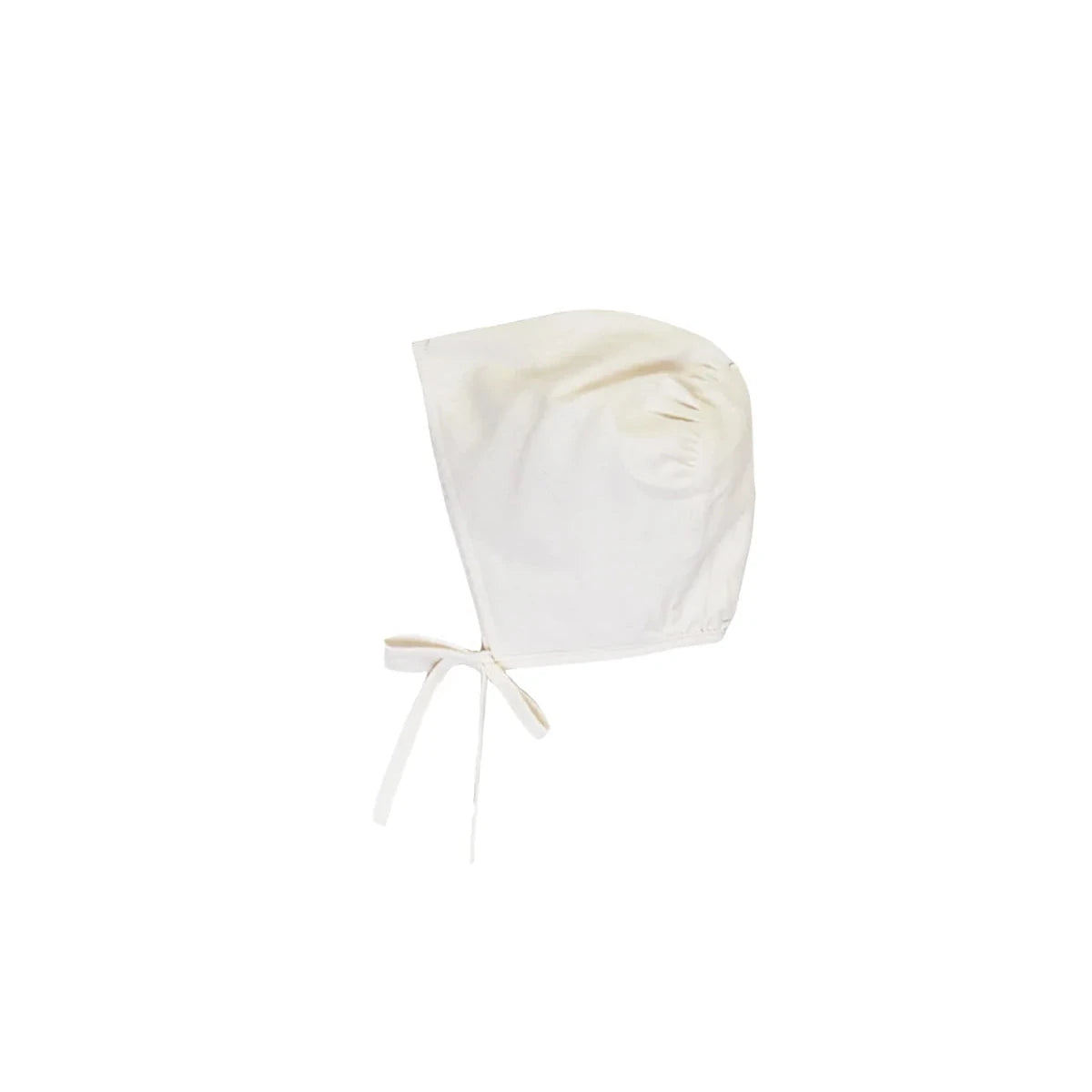 A white cotton bonnet with tie straps, photographed against a solid white background.