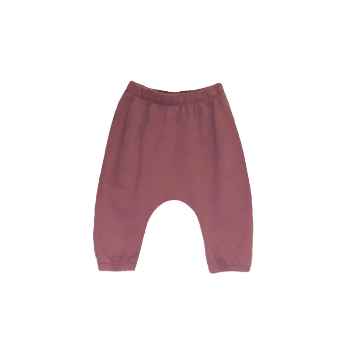 A pair of dusty rose colored baby pants with an elastic waistband and leg openings, shown flat against a solid white background.