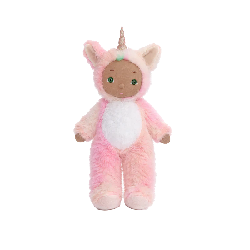 Plush toy in a pink unicorn costume on a white background