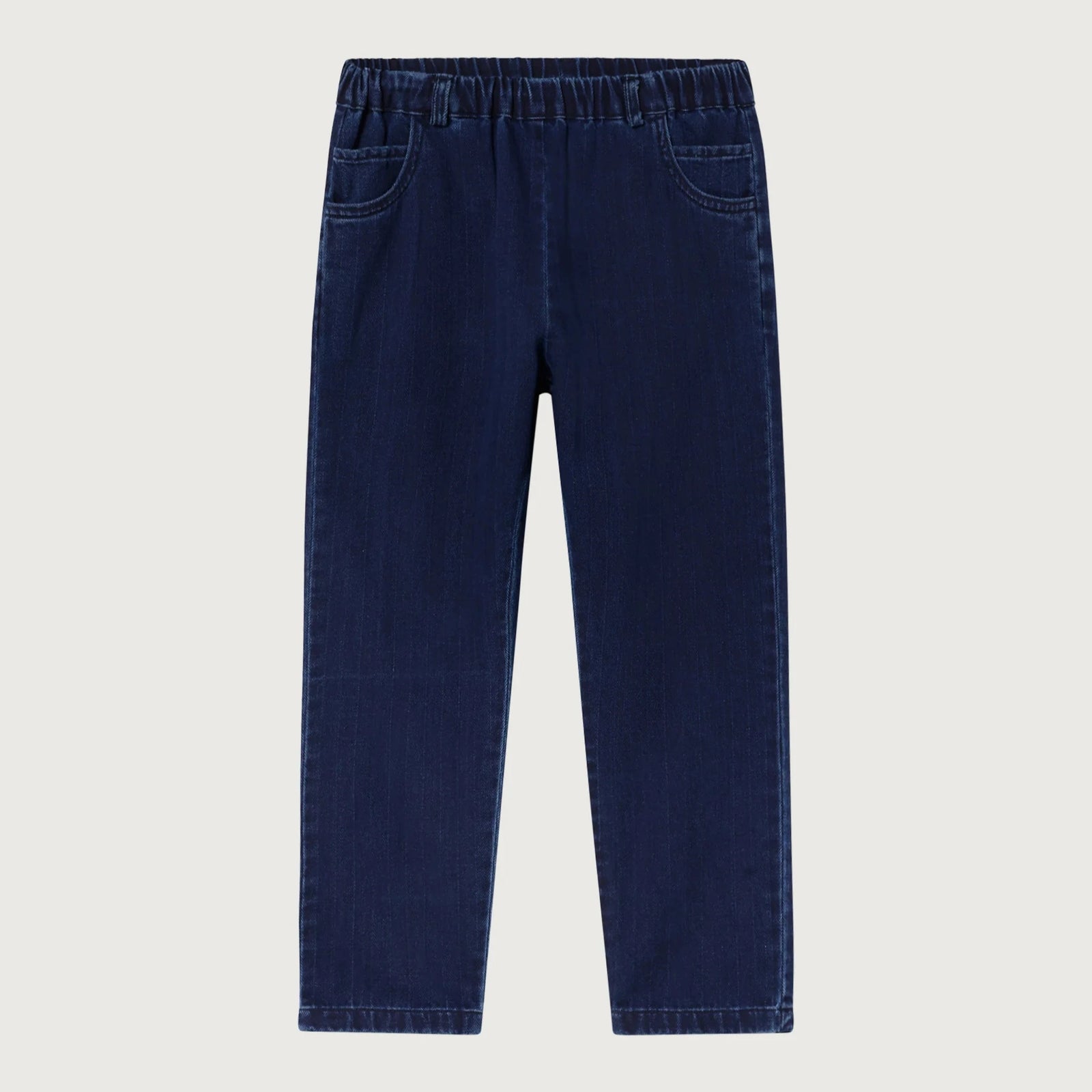 A pair of dark denim pants with front and back pockets, displayed against a white background.