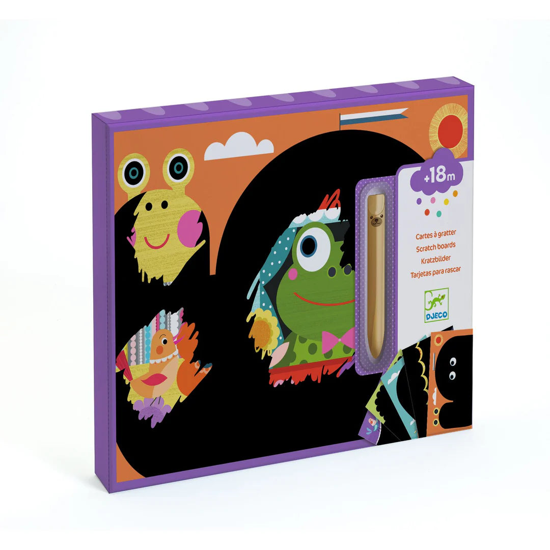 Children's scratch art with frog illustrations on a white background