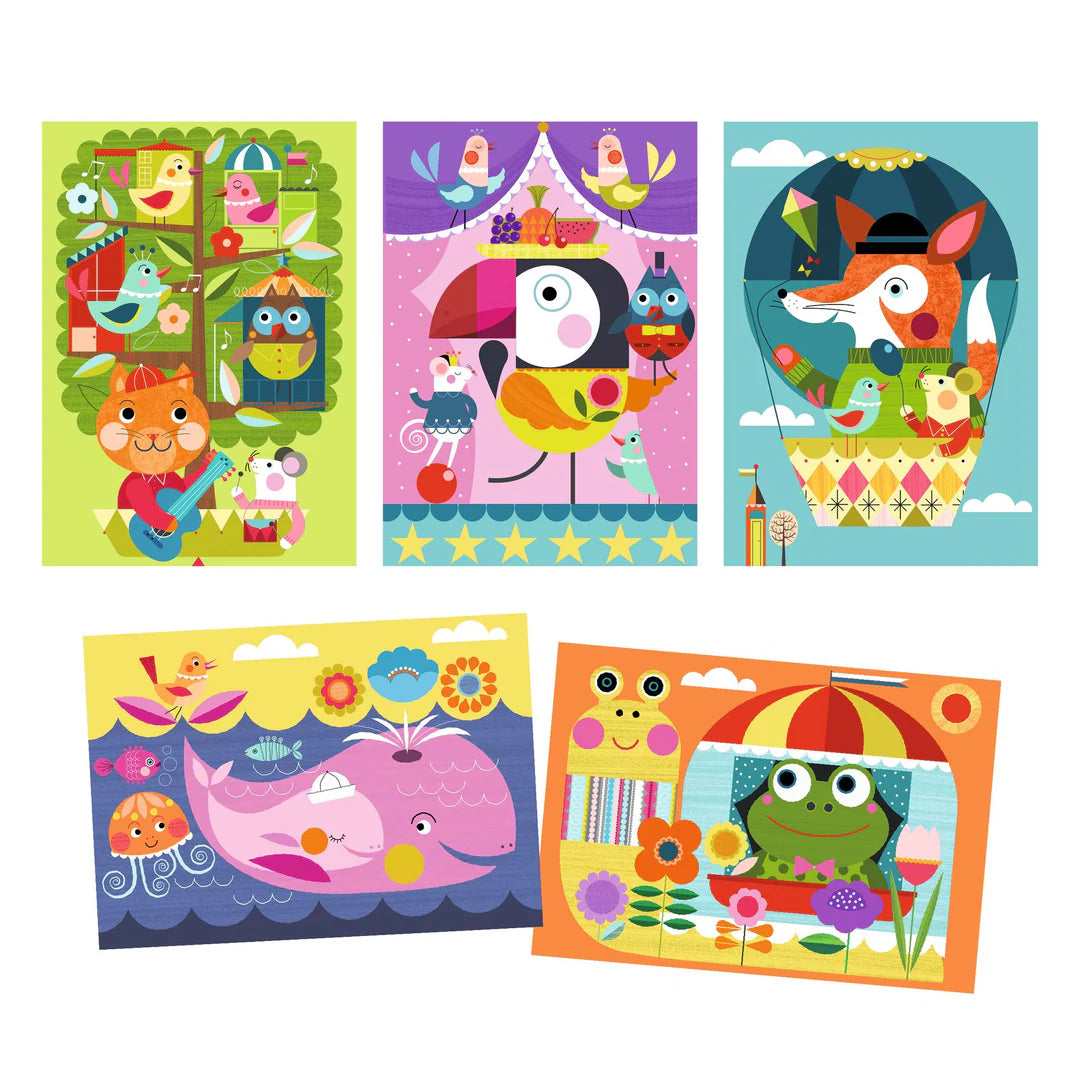 Children's scratch art with frog illustrations on a white background