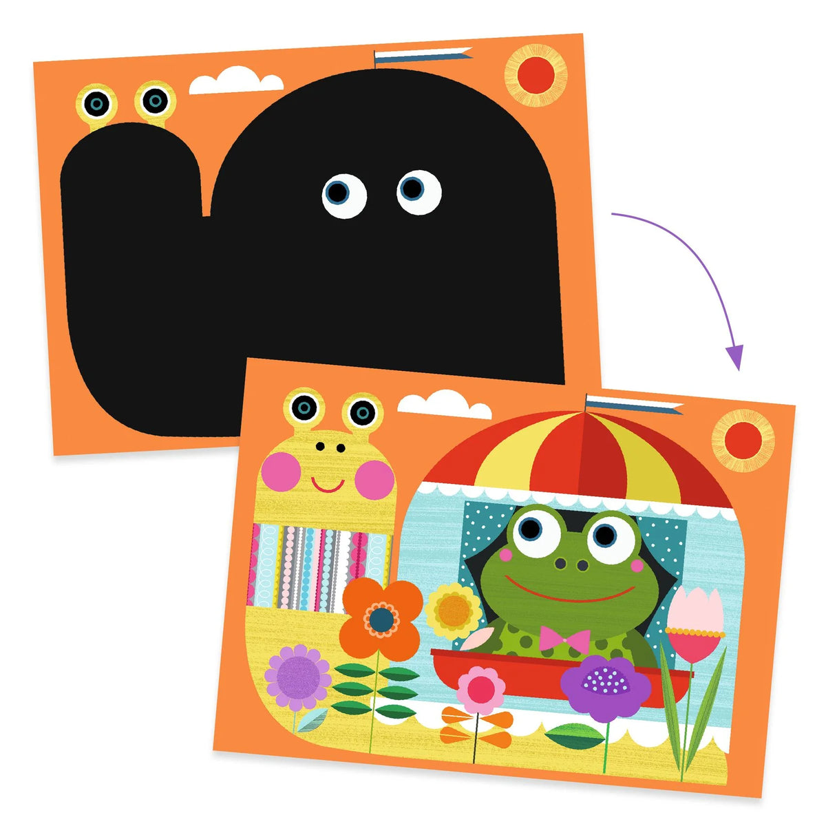 Children&#39;s art project with character a and a frog under an umbrella on an orange background