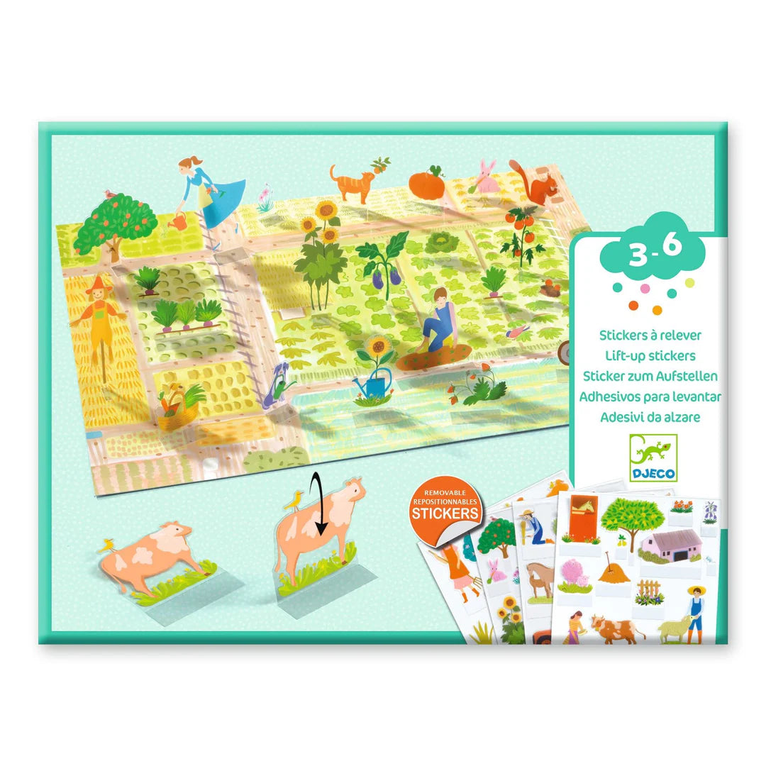 Educational children's craft  with farm-themed illustrations and stickers on a white background