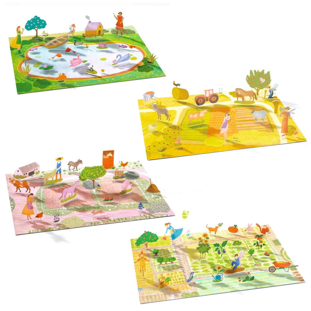Set of colorful children's play mats with illustrations of animals and activities on a white background.