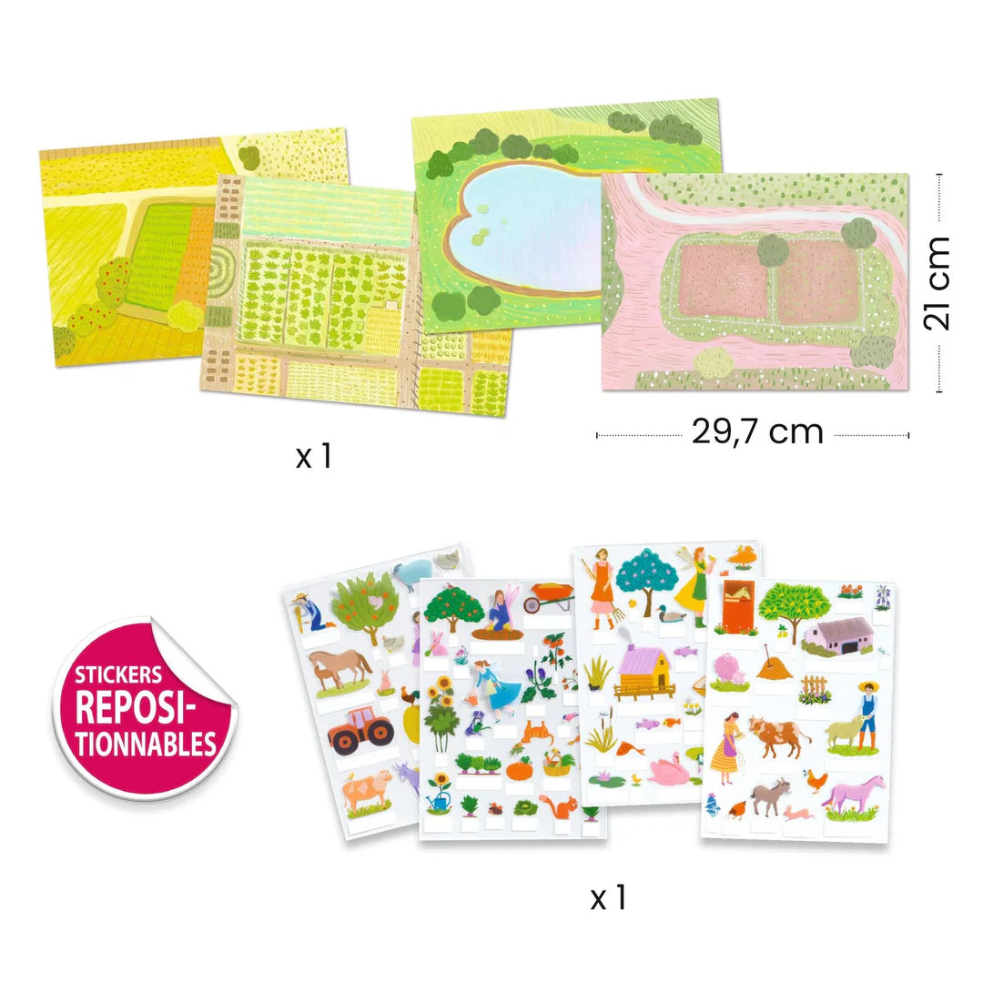 Set of farm-themed stickers with dimensions and a reusable stickers label on a white background