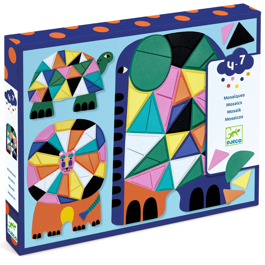 Colorful mosaic animal craft packaging with geometric shapes on a blue background