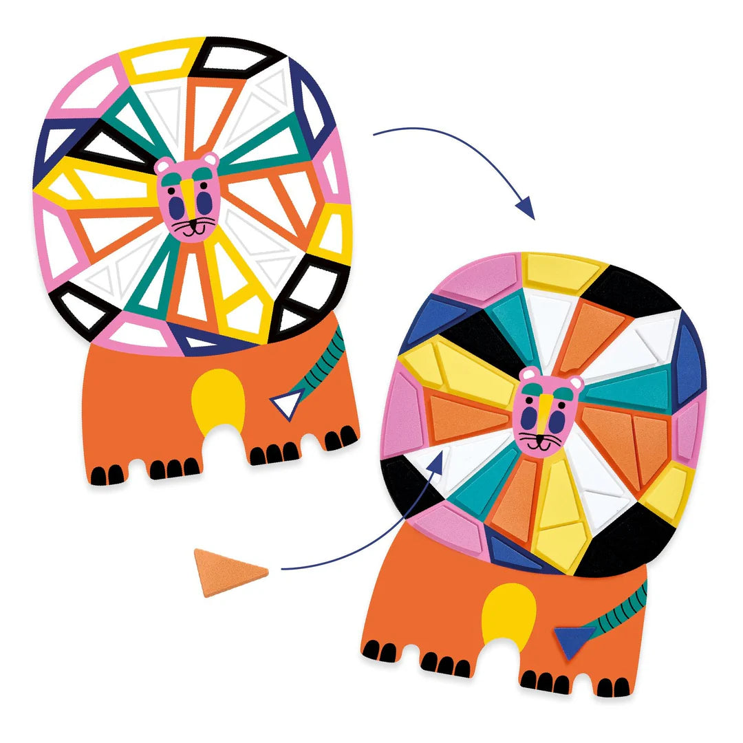 Colorful mosaic animal craft packaging with geometric shapes on a blue background