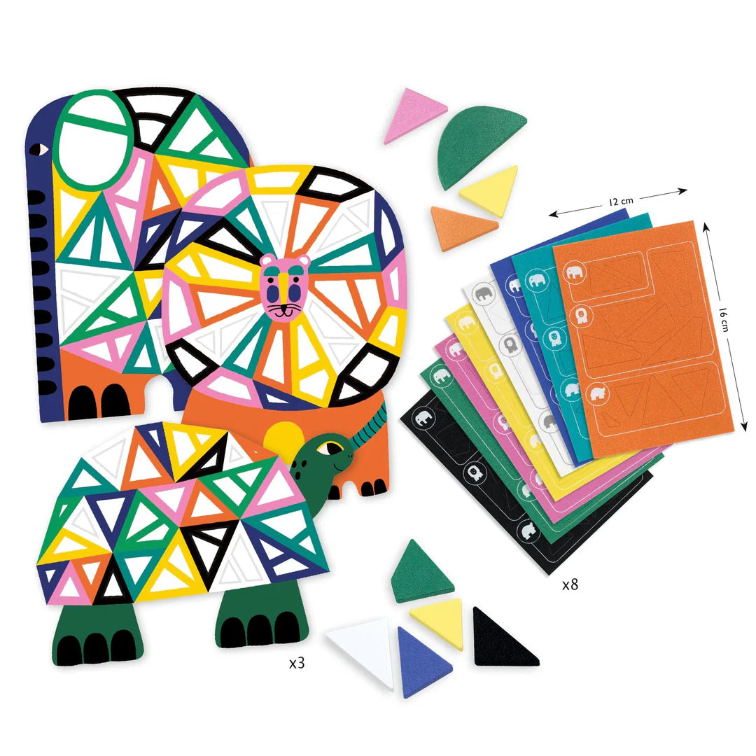 Colorful geometric animal craft with additional pieces on a white background