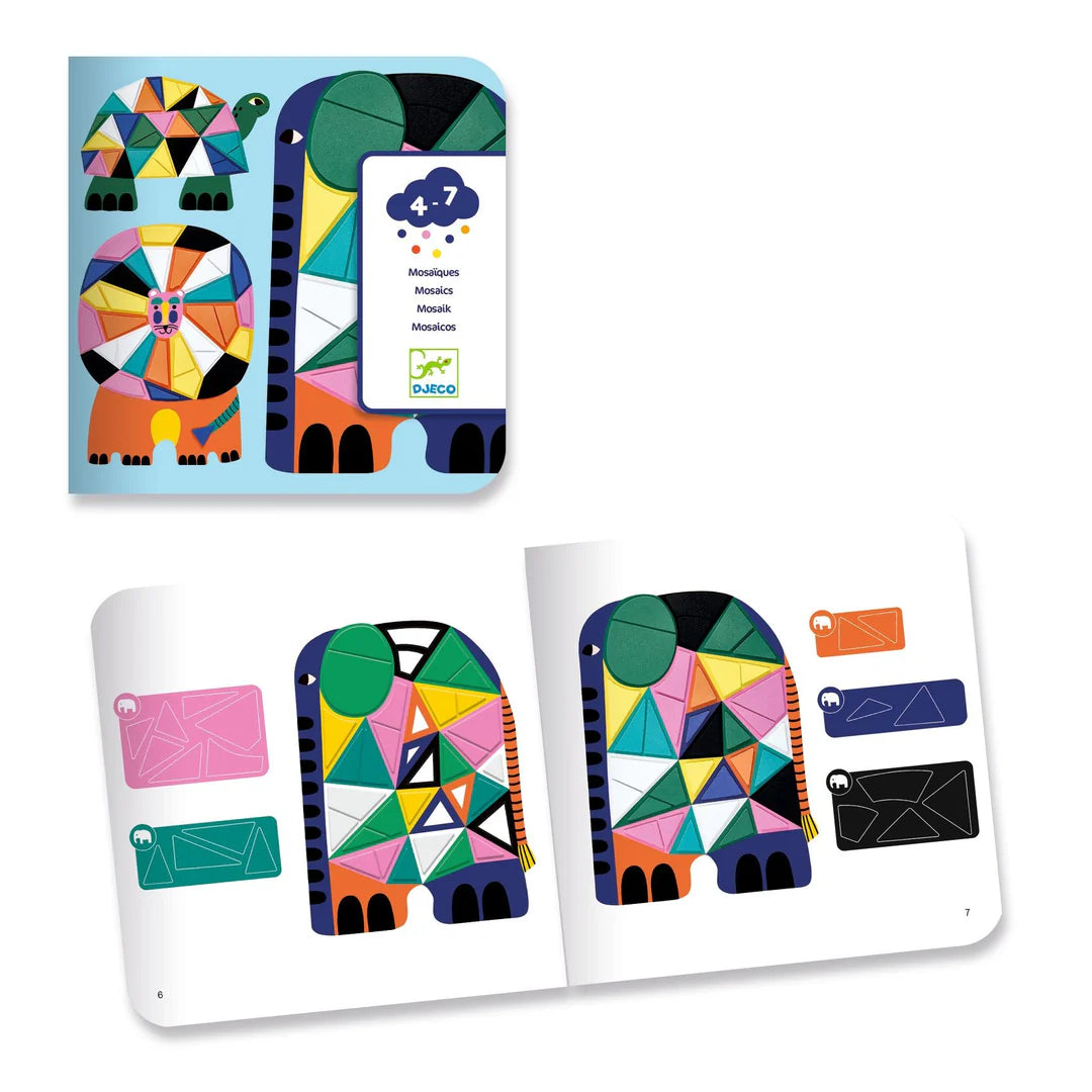 Colorful geometric elephant craft with packaging on a white background