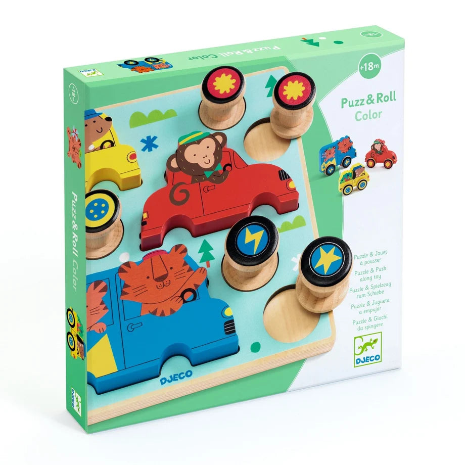 A boxed children's toy set called 'Puzz&Roll Color' by Djeco, shown at a slight angle on a white background. The packaging features colorful cartoon vehicles and animal illustrations on a mint green box.