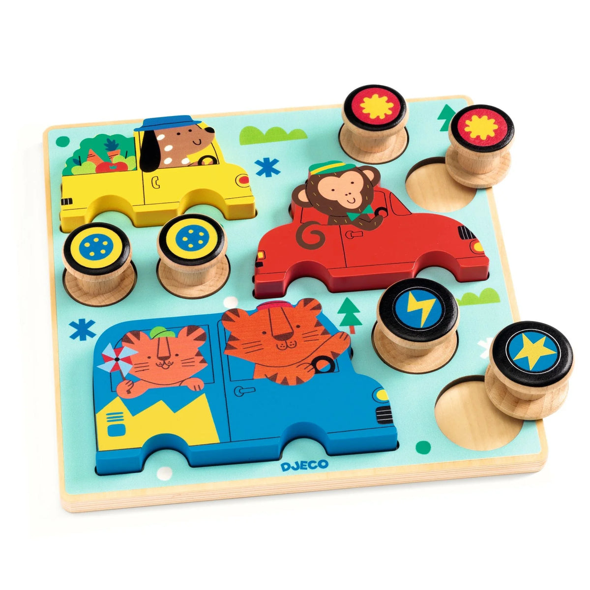 Wooden puzzle with colorful cars and animals, featuring DJECO branding.