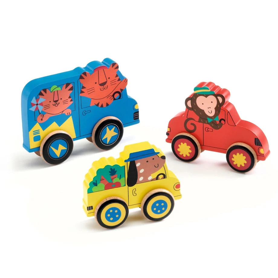 Set of colorful animal-themed toy cars on a white background