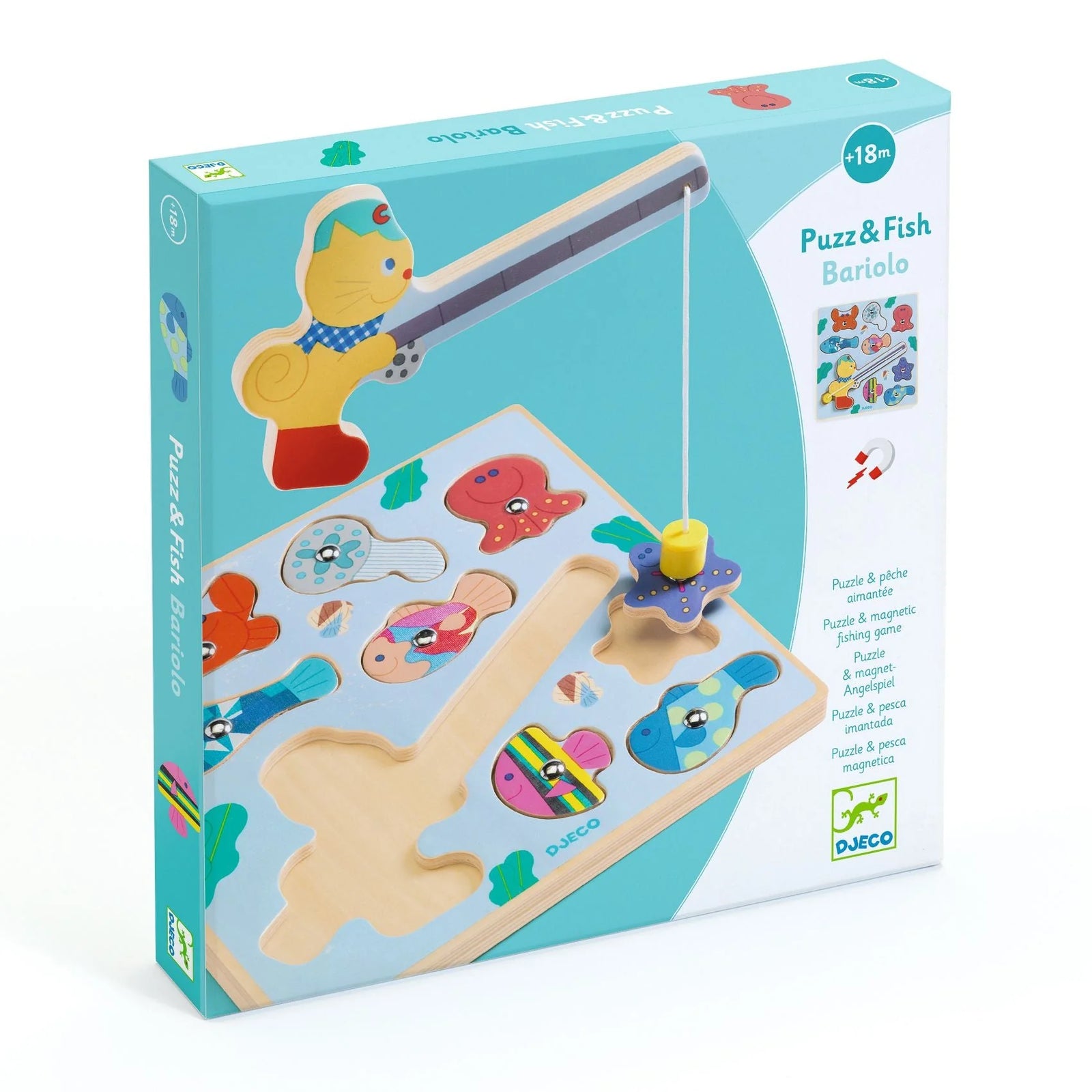 Box of a wooden puzzle toy with fishing rod and colorful fish shapes on a white background