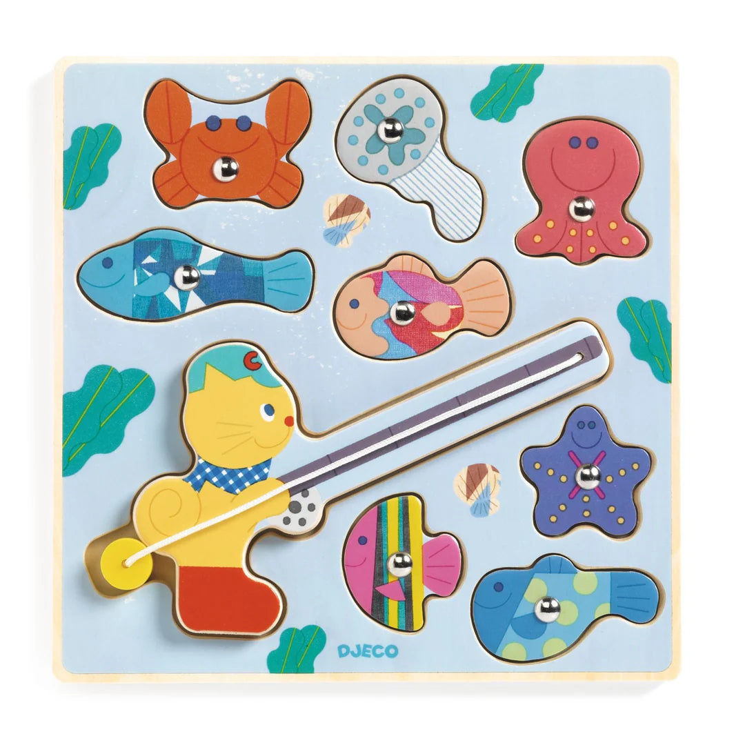 Box of a wooden puzzle toy with fishing rod and colorful fish shapes on a white background
