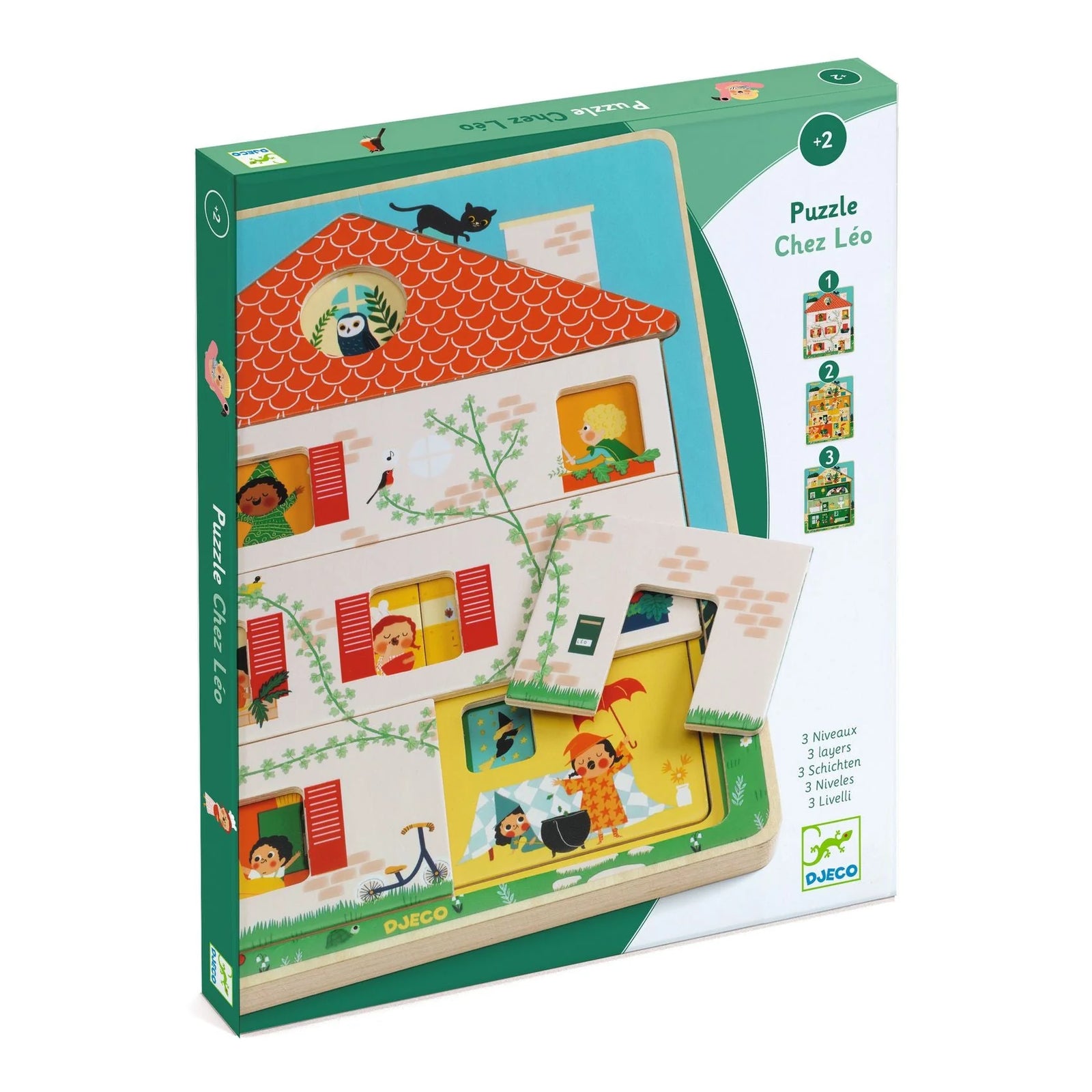 Djeco puzzle box with illustrations of a house and children, on a white background