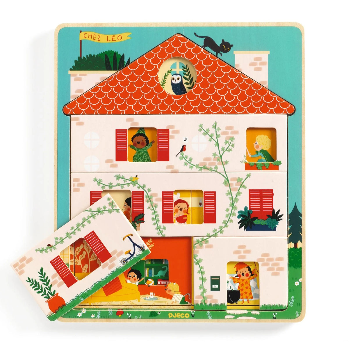 Wooden puzzle of a house with colorful illustrations on a white background