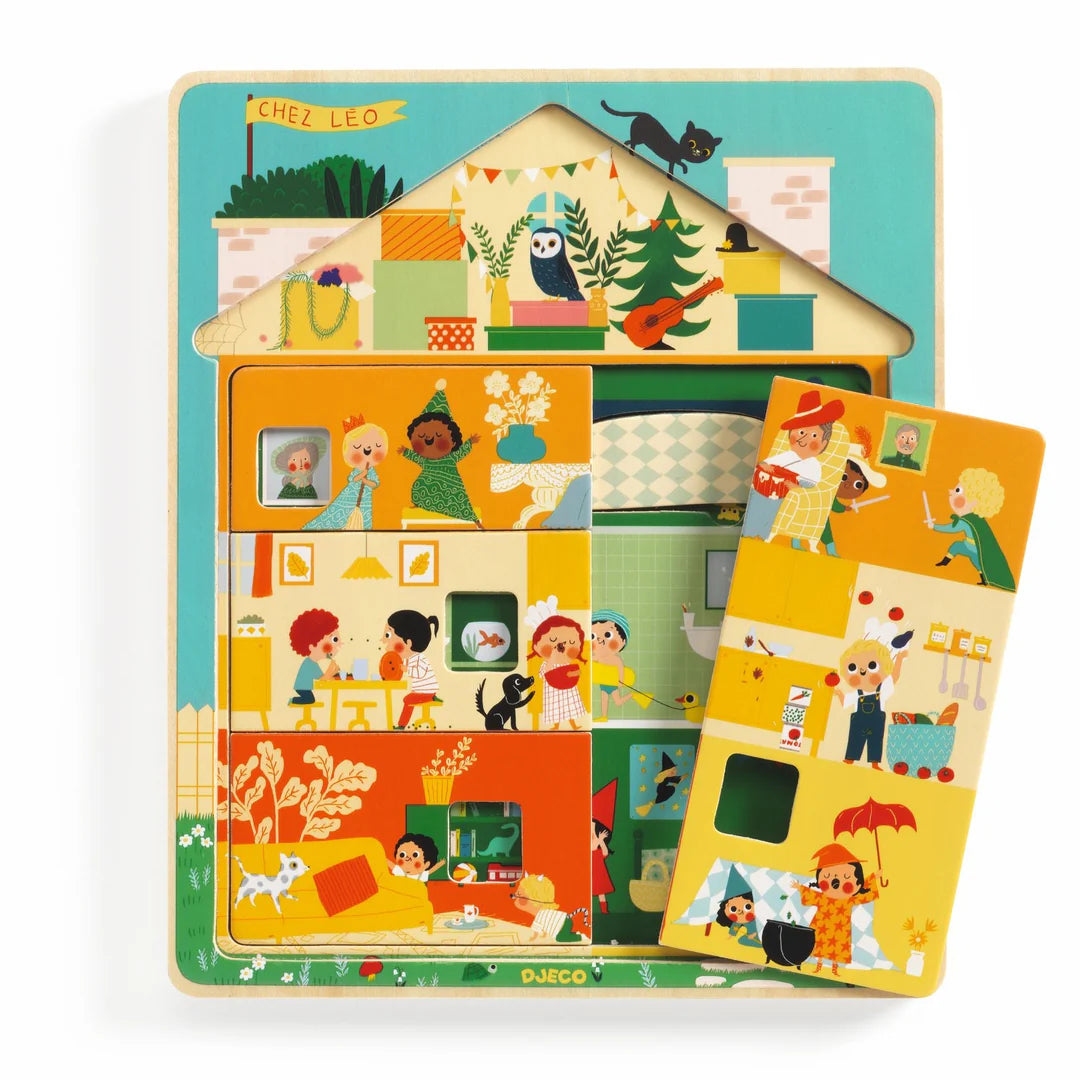 Children's puzzle with colorful scenes and characters, featuring the brand Djeco.