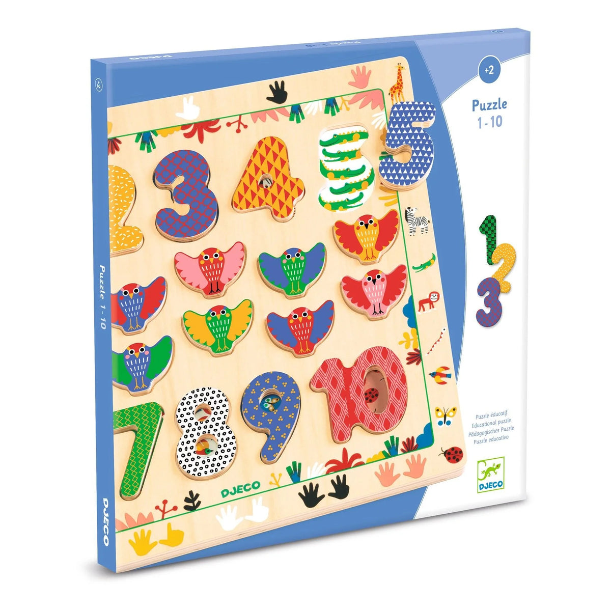 Children's puzzle with numbers and animals on a colorful packaging