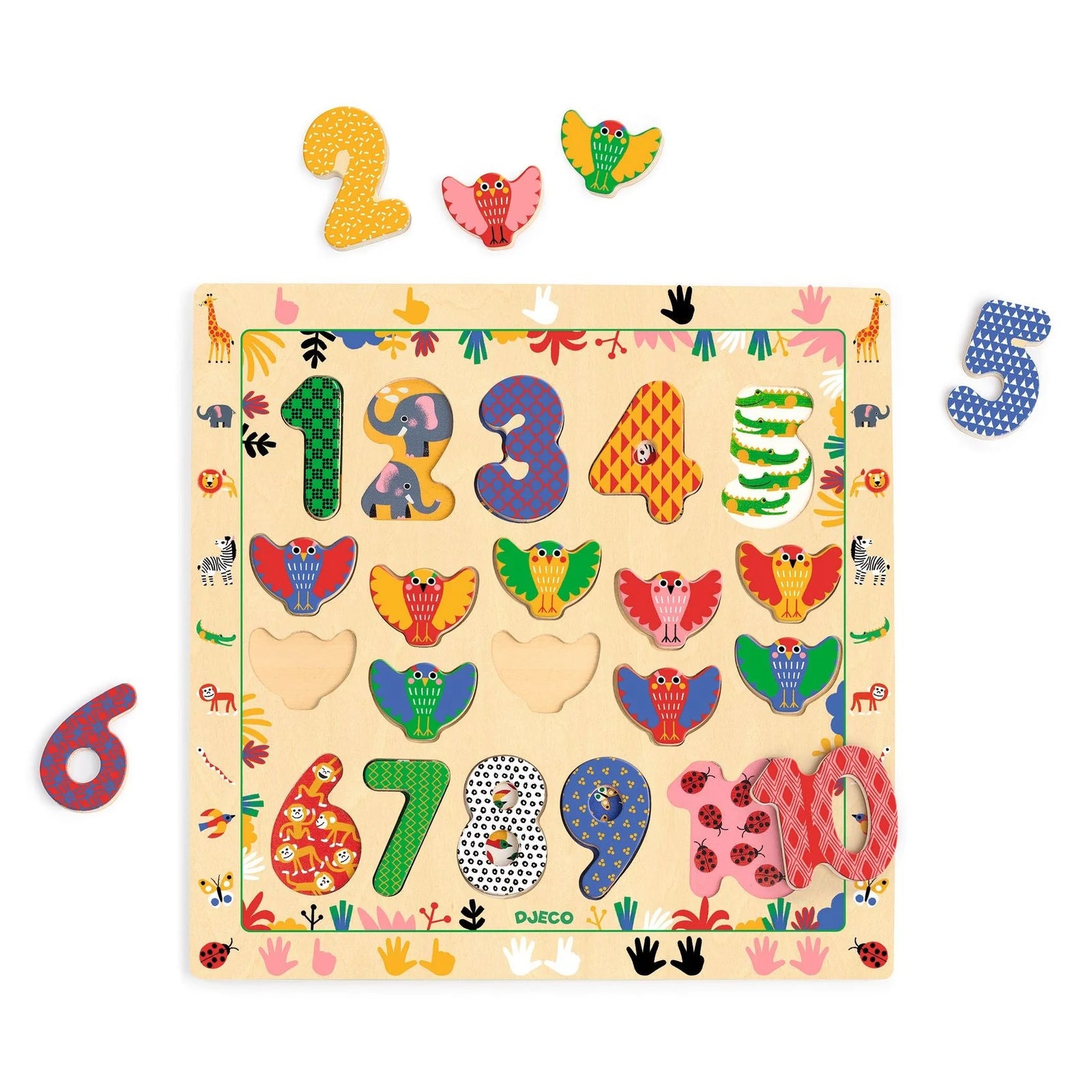 Children's puzzle with numbers and animals on a colorful packaging