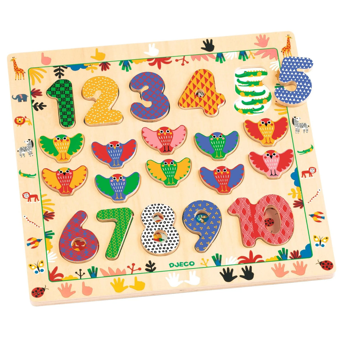 Wooden educational puzzle with numbers and animals on a white background