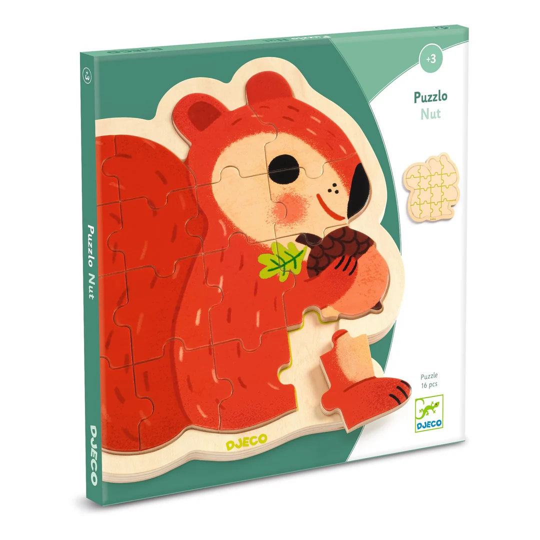 Children's puzzle packaging with a red squirrel design on a white background