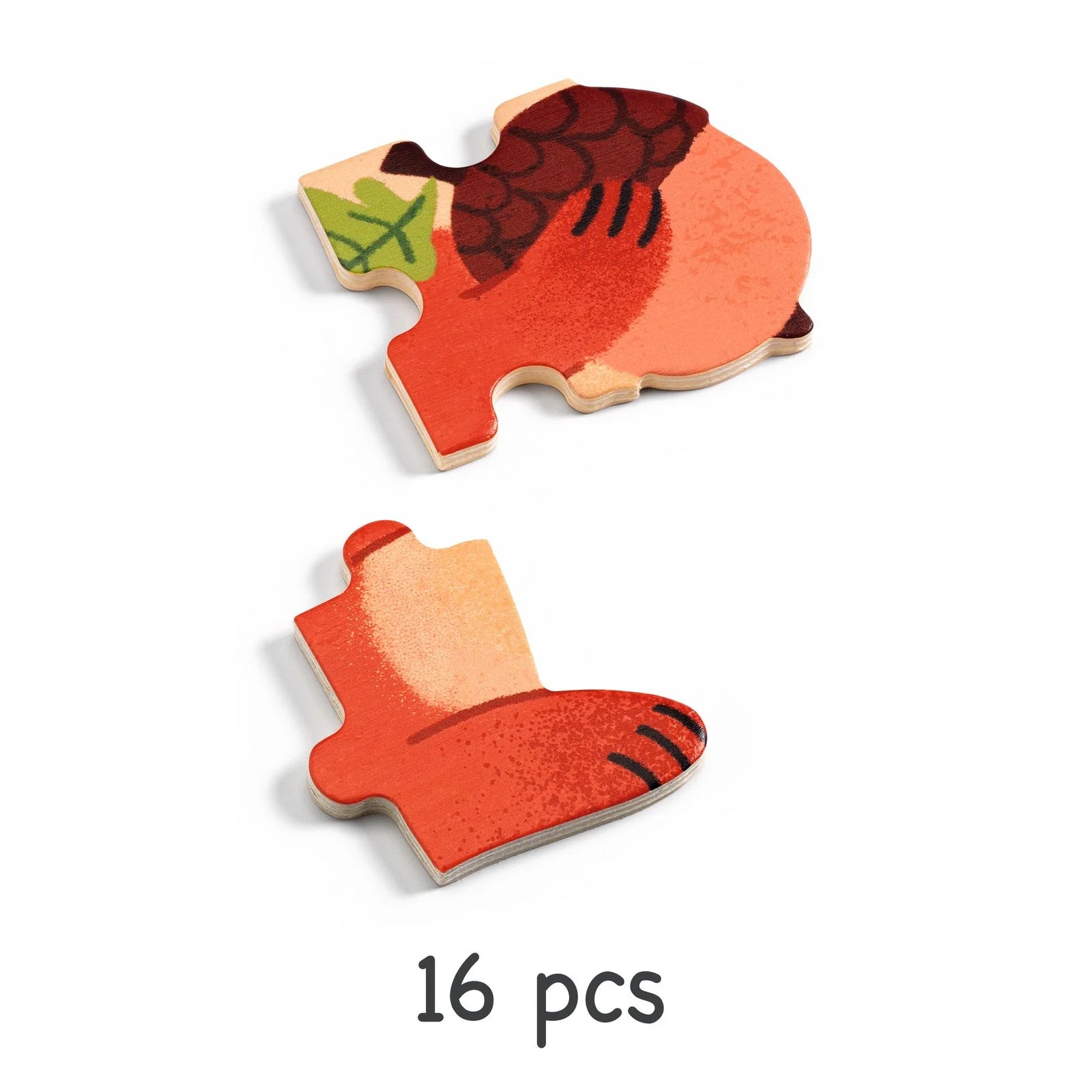 Children's puzzle packaging with a red squirrel design on a white background